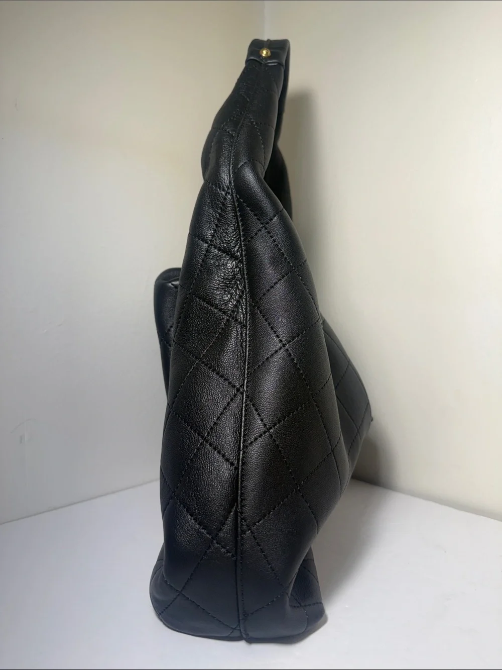 Black Quilted Leather Hobo with Gold Chain Accent